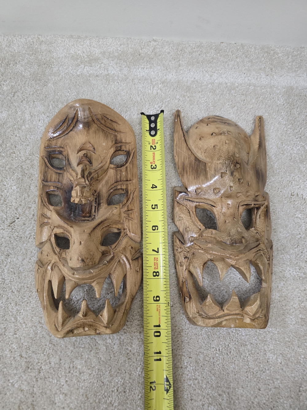 Hand-Carved Wood Demon Masks - Natural Wood Finish